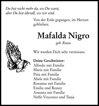 Traueranzeige von Mafalda Nigro von Metzinger-Uracher Volksblatt