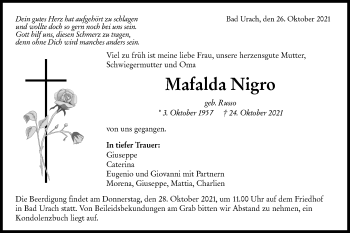 Traueranzeige von Mafalda Nigro von Metzinger-Uracher Volksblatt