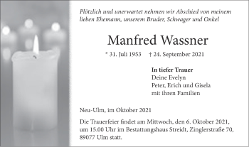 Traueranzeige von Manfred Wassner von SÜDWEST PRESSE Ausgabe Ulm/Neu-Ulm