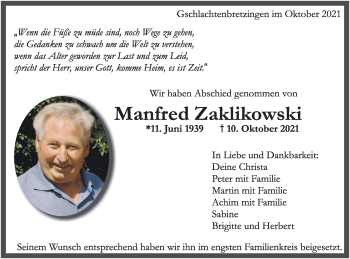 Traueranzeige von Manfred Zaklikowski von Haller Tagblatt