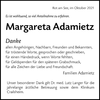 Traueranzeige von Margareta Adamietz von Hohenloher Tagblatt