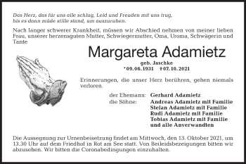 Traueranzeige von Margareta Adamietz von Hohenloher Tagblatt