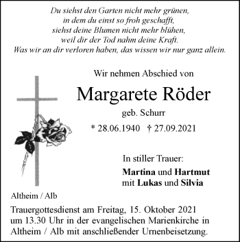 Traueranzeige von Margarete Röder von SÜDWEST PRESSE Ausgabe Ulm/Neu-Ulm