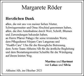 Traueranzeige von Margarete Röder von SÜDWEST PRESSE Ausgabe Ulm/Neu-Ulm