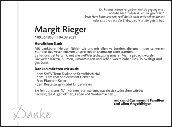 Traueranzeige von Margit Rieger von Hohenloher Tagblatt