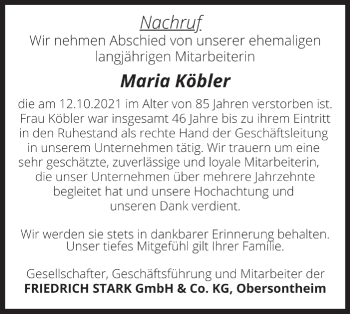 Traueranzeige von Maria Köbler von Haller Tagblatt