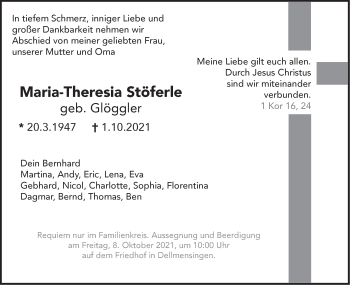 Traueranzeige von Maria-Theresia Stöferle von SÜDWEST PRESSE Ausgabe Ulm/Neu-Ulm