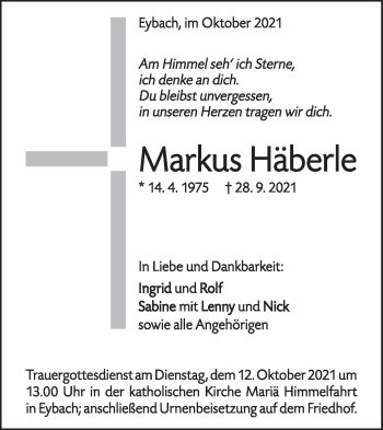 Traueranzeige von Markus Häberle von Geislinger Zeitung