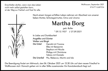 Traueranzeige von Martha Borg von Hohenloher Tagblatt