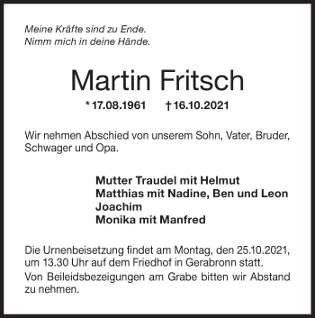 Traueranzeige von Martin Fritsch von Hohenloher Tagblatt