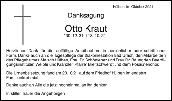 Traueranzeige von Otto Kraut von Metzinger-Uracher Volksblatt