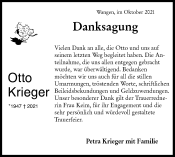 Traueranzeige von Otto Krieger von NWZ Neue Württembergische Zeitung