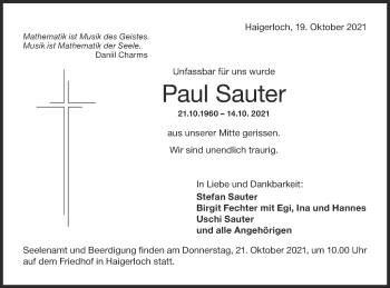 Traueranzeige von Paul Sauter von Metzinger-Uracher Volksblatt