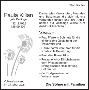 Traueranzeige von Paula Kilian von Hohenloher Tagblatt