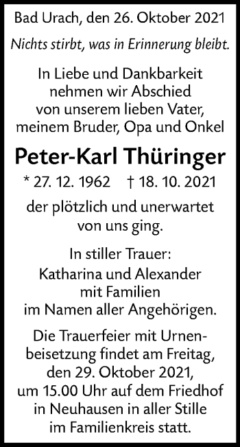 Traueranzeige von Peter-Karl Thüringer von Alb-Bote/Metzinger-Uracher Volksblatt