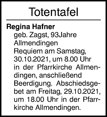 Traueranzeige von Regina Hafner von Ehinger Tagblatt