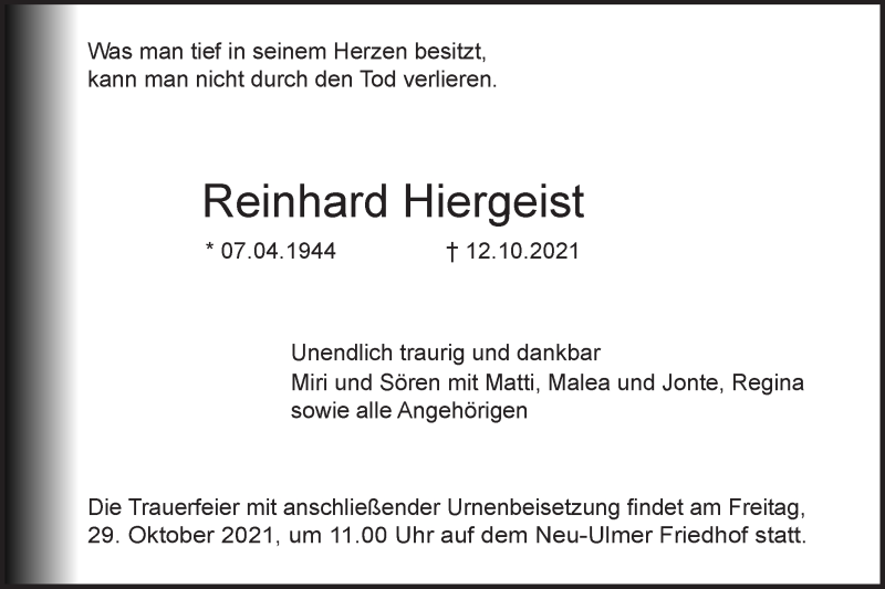  Traueranzeige für Reinhard Hiergeist vom 22.10.2021 aus SÜDWEST PRESSE Ausgabe Ulm/Neu-Ulm