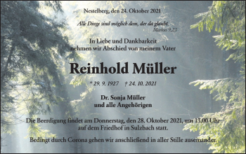 Traueranzeige von Reinhold Müller von Rundschau Gaildorf