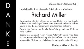 Traueranzeige von Richard Miller von Geislinger Zeitung