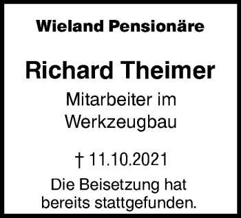 Traueranzeige von Richard Theimer von SÜDWEST PRESSE Ausgabe Ulm/Neu-Ulm