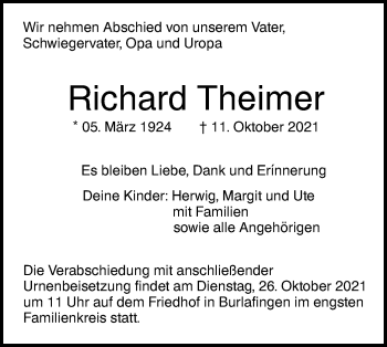 Traueranzeige von Richard Theimer von SÜDWEST PRESSE Ausgabe Ulm/Neu-Ulm