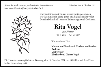 Traueranzeige von Rita Vogel von Rundschau Gaildorf