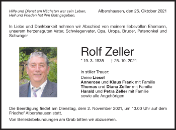 Traueranzeige von Rolf Zeller von NWZ Neue Württembergische Zeitung