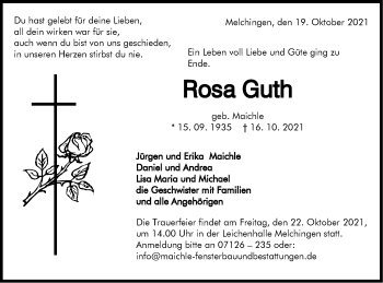 Traueranzeige von Rosa Guth von Metzinger-Uracher Volksblatt