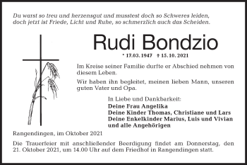 Traueranzeige von Rudi Bondzio von Metzinger-Uracher Volksblatt