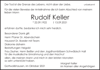 Traueranzeige von Rudolf Keller von Haller Tagblatt