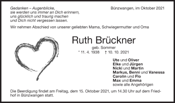 Traueranzeige von Ruth Brückner von NWZ Neue Württembergische Zeitung