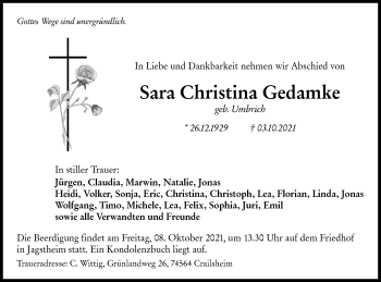 Traueranzeige von Sara Christina Gedamke von Hohenloher Tagblatt