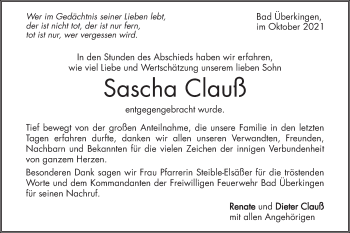 Traueranzeige von Sascha Clauß von Geislinger Zeitung