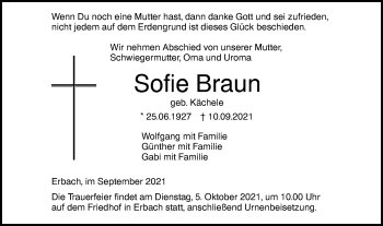 Traueranzeige von Sofie Braun von SÜDWEST PRESSE Ausgabe Ulm/Neu-Ulm