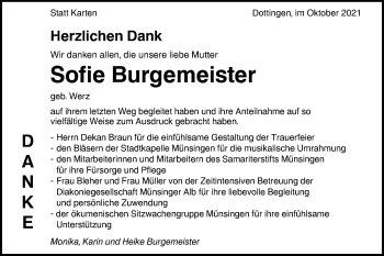 Traueranzeige von Sofie Burgemeister von Alb-Bote/Metzinger-Uracher Volksblatt