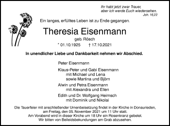 Traueranzeige von Theresia Eisenmann von SÜDWEST PRESSE Ausgabe Ulm/Neu-Ulm