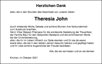 Traueranzeige von Theresia John von Ehinger Tagblatt