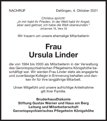 Traueranzeige von Ursula Linder von Metzinger-Uracher Volksblatt