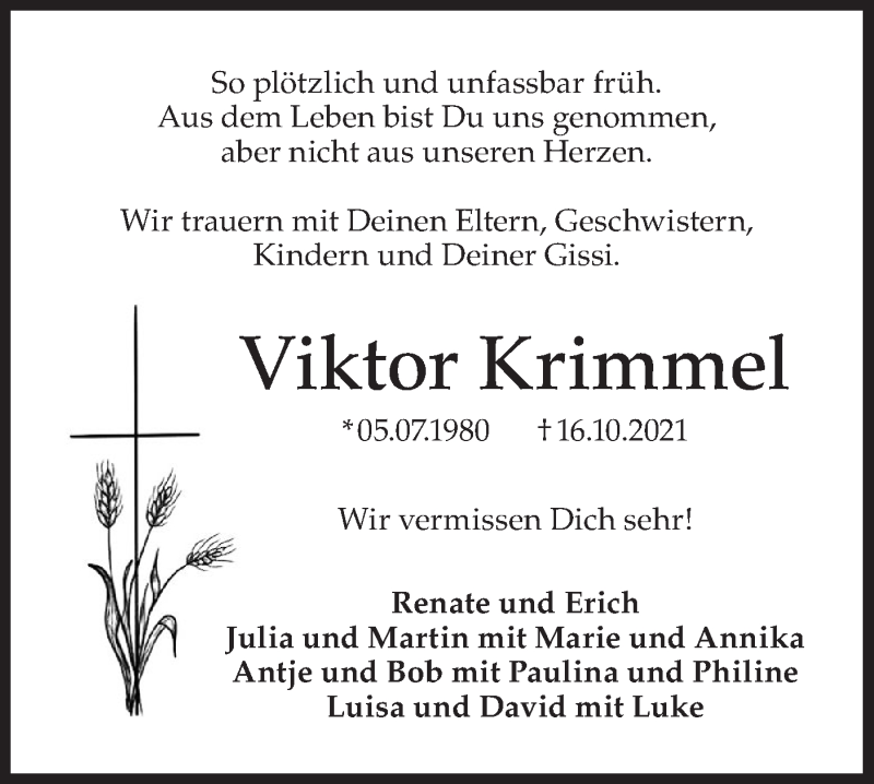  Traueranzeige für Viktor Krimmel vom 20.10.2021 aus Hohenloher Tagblatt