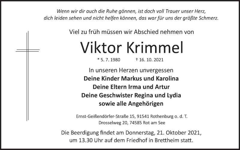  Traueranzeige für Viktor Krimmel vom 20.10.2021 aus Hohenloher Tagblatt