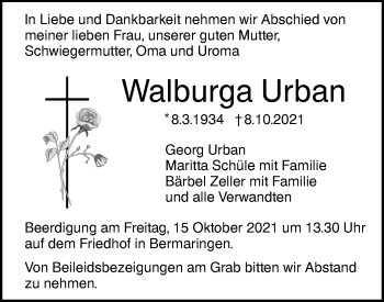 Traueranzeige von Walburga Urban von SÜDWEST PRESSE Ausgabe Ulm/Neu-Ulm