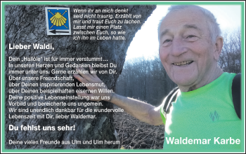 Traueranzeige von Waldemar Karbe von SÜDWEST PRESSE Ausgabe Ulm/Neu-Ulm