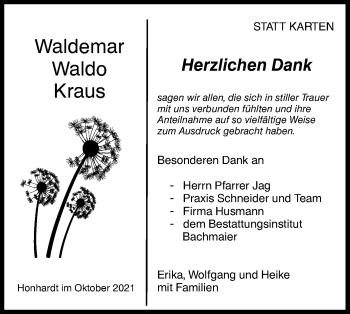 Traueranzeige von Waldemar  Kraus von Hohenloher Tagblatt