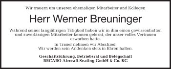 Traueranzeige von Werner Breuninger von Haller Tagblatt