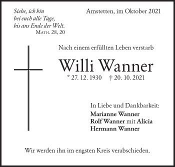 Traueranzeige von Willi Wanner von Geislinger Zeitung