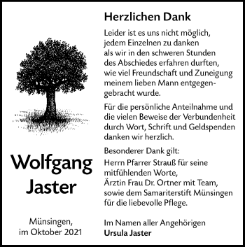 Traueranzeige von Wolfgang Jaster von Alb-Bote/Metzinger-Uracher Volksblatt