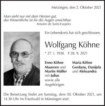 Traueranzeige von Wolfgang Köhne von Metzinger-Uracher Volksblatt