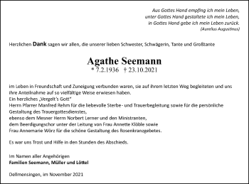 Traueranzeige von Agathe Seemann von Ehinger Tagblatt