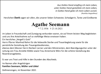 Traueranzeige von Agathe Seemann von SÜDWEST PRESSE Ausgabe Ulm/Neu-Ulm