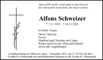 Traueranzeige von Alfons Schweizer von Geislinger Zeitung